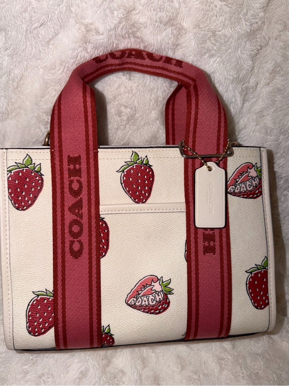 COACH Strawberry-Print Satchel in Cream and Red